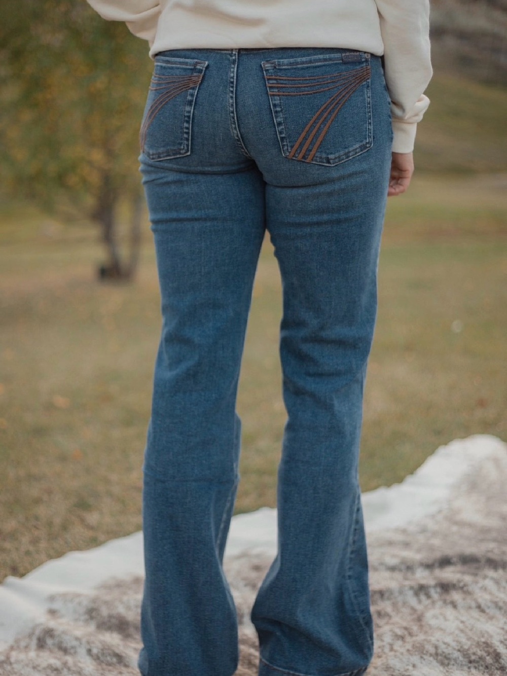 7 For All Mankind Mid-Blue Bootcut Jeans with Contrast Pocket Stitching